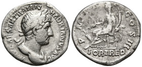 Trajan (117-138 AD). Rome
AR Denarius (17.5mm 2.99g)
Obv: IMP CAESAR TRAIAN HADRIANVS AVG. Laureate bust with bare chest right, slight drapery
Rev:...