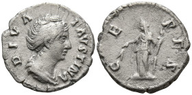Diva Faustina, Died (140/1 AD). Rome
AR Denarius (18.5mm 2.99g)
Obv: DIVA FAVSTINA. Draped bust right
Rev: CERES. Ceres standing left, holding grai...