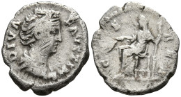 Diva Faustina I (140-141 AD). Rome
AR Denarius (17.7mm 3.2g)
Obv: DIVA AVG FAVSTINA. Bust of Faustina I, draped, right, hair elaborately waved in se...