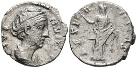 Diva Faustina I (wife of A. Pius) (After 141 AD). Rome
AR Denarius (17.5mm 3g)
Obv: DIVA FAVSTINA, draped bust to right
Rev: AETERNITAS, Juno(?) st...