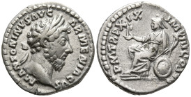 Marcus Aurelius (161-180 AD). Rome
AR Denarius (18.4mm 3.7g)
Obv: M ANTONINVS AVG ARMENIACVS. Laureate head of Marcus Aurelius to right.
Rev: P M T...