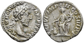 Commodus (177-192 AD). Rome
AR Denarius (18.4mm 3.15g)
Obv: M COMMODVS ANTONINVS AVG. Laureate head of Commodus right
Rev: TR P VI IMP IIII COS III...