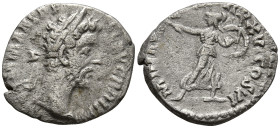 Commodus (177-192 AD). Rome
AR Denarius (17mm 2.56g)
Obv: Laureate head right
Rev: Minerva advancing right, head left, holding branch, shield, and ...