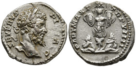 Septimius Severus (193-211 AD). Rome.
AR Denarius (18.7mm 3.42g)
Obv: SEVERVS PIVS AVG. Laureate head right.
Rev: PART MAX P M TR P VIIII. Trophy f...