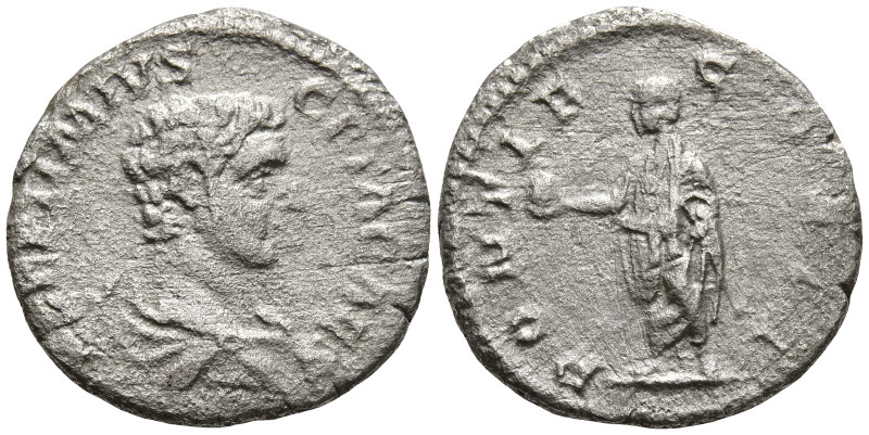 Geta, as Caesar (198-209 AD). Rome
AR Denarius (18.7mm 2.11g)
Obv: P SEPTIMIVS...