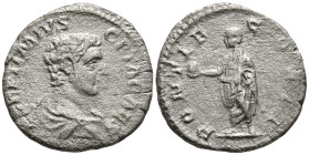 Geta, as Caesar (198-209 AD). Rome
AR Denarius (18.7mm 2.11g)
Obv: P SEPTIMIVS GETA CAES. Bare-headed and draped bust to right
Rev: PONTIF COS II. ...