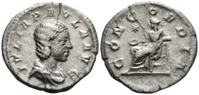 Julia Paula, Augusta (219-220 AD). Rome
AR Denarius (19.1mm 2.88g)
Obv: IVLIA PAVLA AVG Draped bust of Julia Paula to right.
Rev: CONCORDIA Concord...