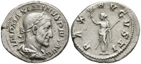 Maximinus I Thrax (235-238 AD). Rome
AR Denarius (19mm 3.08g)
Obv: IMP MAXIMINVS PIVS AVG, laureate, draped and cuirassed bust to right
Rev: PAX AV...