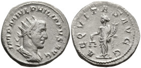Philip I (244-249 AD). Rome
AR Antoninianus (22.8mm 3.7g)
Obv: IMP M IVL PHILIPPVS AVG. Radiate, draped and cuirassed bust.
Rev: AEQVITAS AVGG. Aeq...