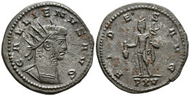 Gallienus (253-268 AD). Antioch,
BI Antoninianus(21.5mm 4.29g)
Obv: GALLIENVS AVG. Radiate and cuirassed bust to right
Rev: FIDES AVG. Mercury stan...