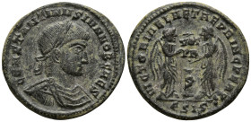 Constantine II Caesar (316-337 AD). Siscia
AE Follis (20.2mm 2.9g)
Obv: CONSTANTINVS IVN NOB CAES. Laureate, draped and cuirasssed bust right.
Rev:...