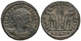 Constantine II, as Caesar (317-337 AD). Antioch
AE Follis (18mm 2.6g)
Obv: CONSTANTINVS IVN NOB C, laureate and cuirassed bust to right
Rev: GLORIA...