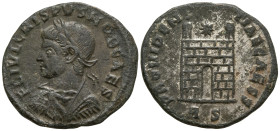 Crispus, Caesar (316-326 AD). Rome.
AE Silvered Follis (18.4mm 2.69g)
Obv: FL IVL CRISPVS NOB C. Laureate, draped and cuirassed bust left.
Rev: PRO...