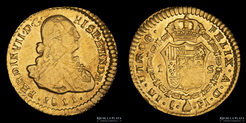 Santiago. Chile. Fernando VII (1808-1825) 1 Escudo 1811 FJ. Oro 875; 19.0mm; 3,3...