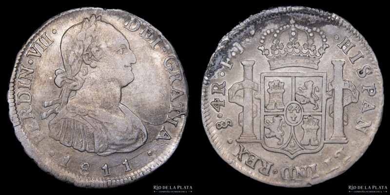 Santiago. Chile. Fernando VII (1808-1825) 4 Reales 1811 FJ. Plata 896; 34.0mm; 1...