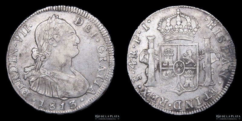 Santiago. Chile. Fernando VII (1808-1825) 4 Reales 1813 FJ. Variante con J de en...