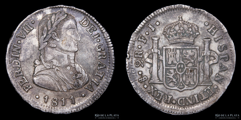 Santiago. Chile. Fernando VII (1808-1833) 2 Reales 1811 FJ. Variante con ET IND ...