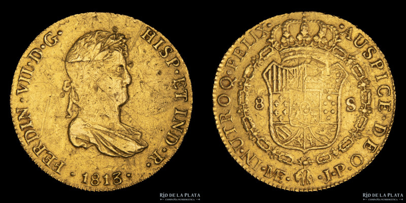 Lima. Fernando VII (1808-1833) . 8 Escudos 1813 JP. Oro 875; 35.0mm; 27.00g. KM1...