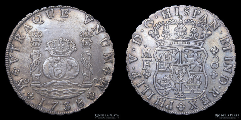 México. Felipe V. 8 Reales 1738 MF. Columnaria. Plata 917; 40mm; 26.87g. KM103
...