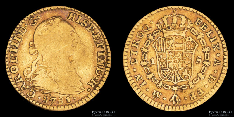 México. Carlos III (1759-1789) 1 Escudo 1781 FM. Oro 901; 18mm; 3.34g. KM118 (F)...