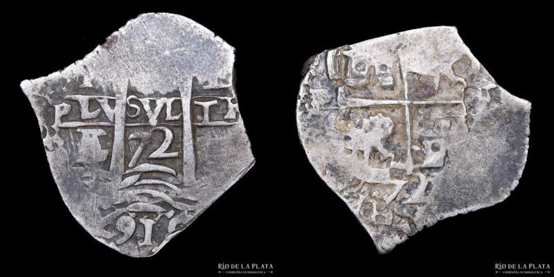 Potosí. Carlos II (1665-1700). 1 Real 1672 E. Macuquina. Tres fechas visibles Pl...