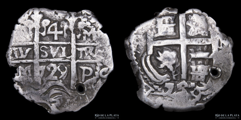 Potosí. Felipe V (1700-1746) 4 Reales 1729/7 M. Macuquina. Sobrefecha visible co...