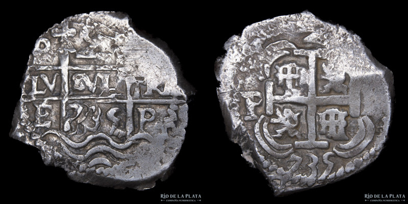 Potosí. Felipe V (1700-1746) 2 Reales 1735 E. Doble fecha. Macuquina. Plata 930;...