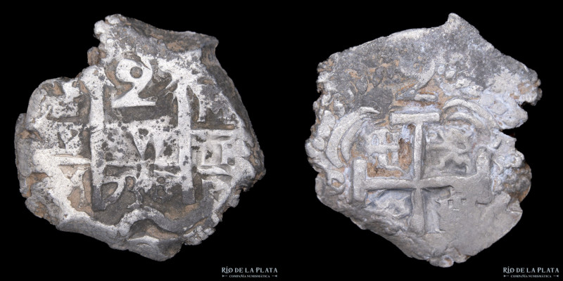 Potosí. Felipe V (1700-1746) 2 Reales 1738 M. Doble fecha. Macuquina. Plata 930;...