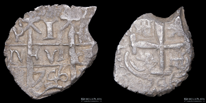 Potosí. Felipe V (1700-1746) 1 Real 1746 q. Doble fecha. Macuquina. Plata 930; 2...