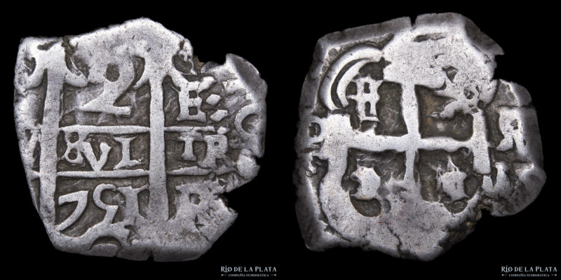 Potosí. Fernando VI (1746-1759) 2 Reales 1751 E. Macuquina. Plata 917; 21mm; 6.4...