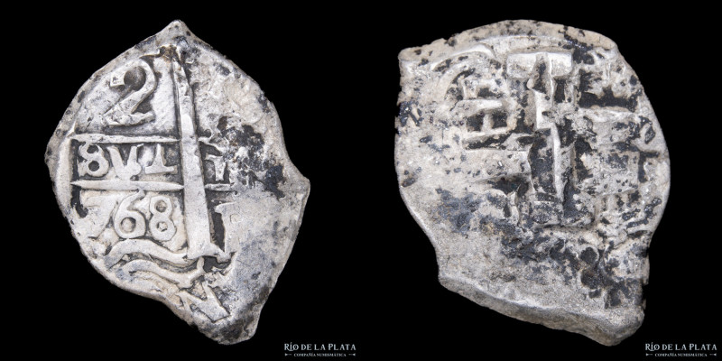 Potosí. Carlos III (1759-1788) 2 Reales 1768 VY. Macuquina. Plata 917; 27mm; 6.4...