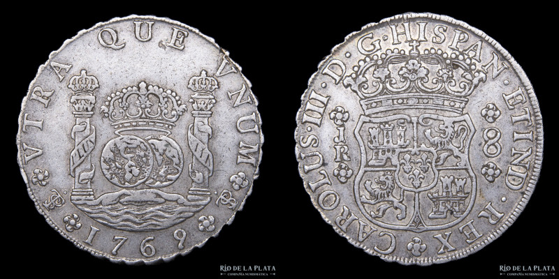 Potosí. Carlos III (1759-1789) 8 Reales 1769 JR Columnaria (José Vargas y Flor, ...