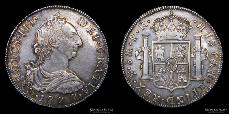 Potosí. Carlos III (1759-1788) 8 Reales 1777 PR (Pedro Mazondo, Raymundo de Ytur...