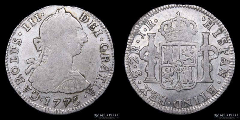 Potosí. Carlos III (1759-1788) 2 Reales 1775 JR (José Vargas y Flor, Francisco d...