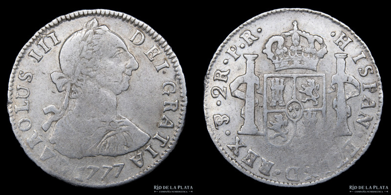 Potosí. Carlos III (1759-1788) 2 Reales 1777 PR (Pedro Mazondo, Raymundo de Ytur...