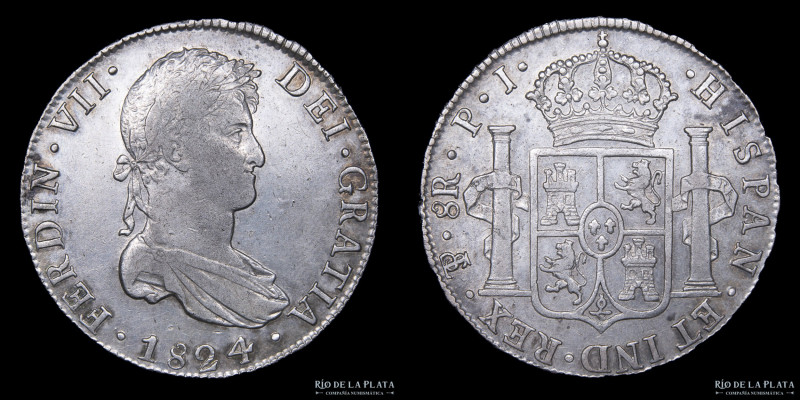 Potosí. Fernando VII (1808-1825) 8 Reales 1824 PJ. Plata; 38.0mm. 26.95g. CJ 86....