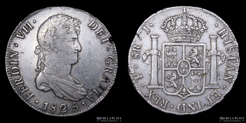 Potosí. Fernando VII (1808-1833) 8 Reales 1825 J. Muy escasa. Plata 896; 38.0mm;...