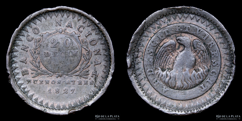 Argentina. Buenos Aires. 20 Décimos 1827. Buenos Aires mint. Cobre; 32 mm; 25.70...