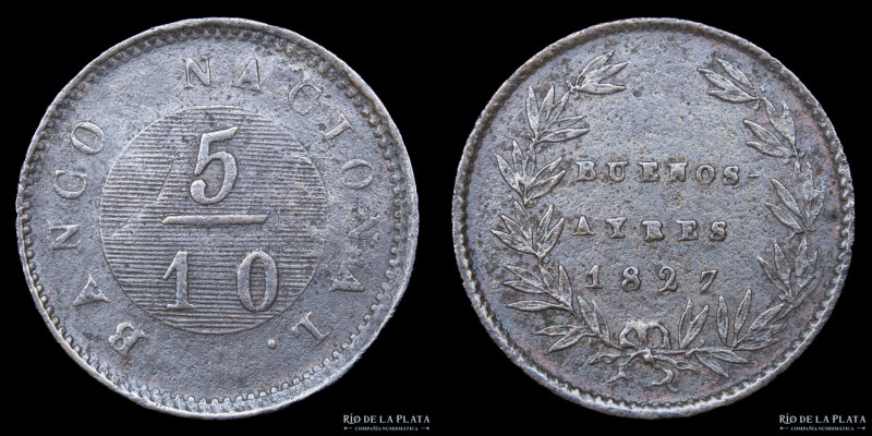 Argentina. Buenos Aires. 5 Décimos 1827. Cospel virgen y reverso medalla. Muy ra...