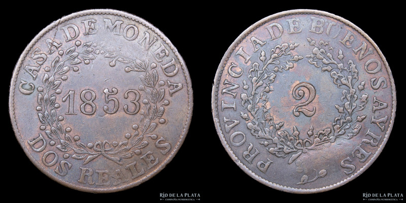 Argentina. Buenos Aires. 2 Reales 1853. Cobre; 32mm; 7.32g. CJ 18.4.9 (A8-R6); K...