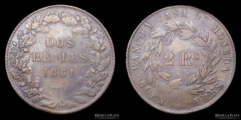 Argentina. Buenos Aires. 2 Reales 1861. Cobre; 31.9mm; 7.31g. Acuñada durante el...