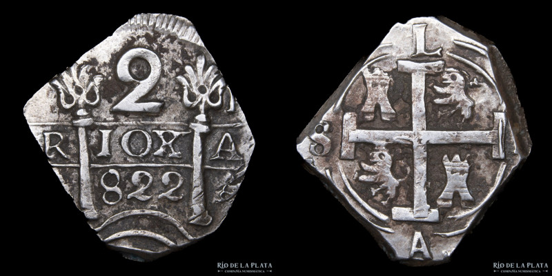 Argentina. La Rioja. 2 Reales 1822. RIOXA. Plata; 22mm; 7.07g. CJ 5.1.2 (XF)

...