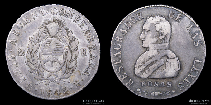 Argentina. La Rioja. 2 Reales 1842 R Busto del Gral. Rosas. Plata 875; 27mm; 6.4...