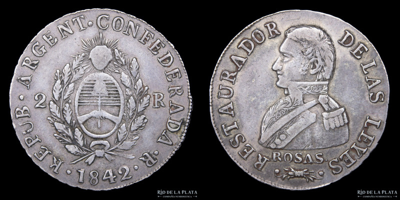 Argentina. La Rioja. 2 Reales 1842 R Busto del Gral. Rosas. Plata 875; 27mm; 6.7...