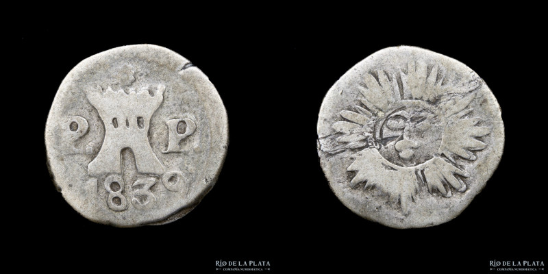 Argentina. Córdoba. 1/4 Real 1839 PP. Plata 750; 12.5mm; 0.65g. Castillo con ros...