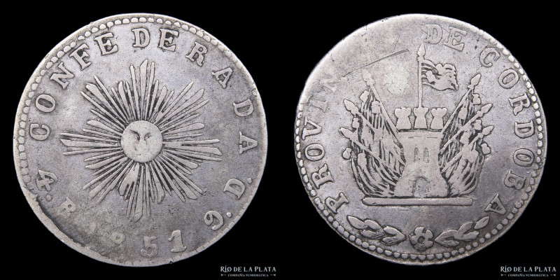 Argentina. Córdoba. 4 Reales 1851. Plata 750; 29mm; 13.18g. Sol chico. Segunda C...