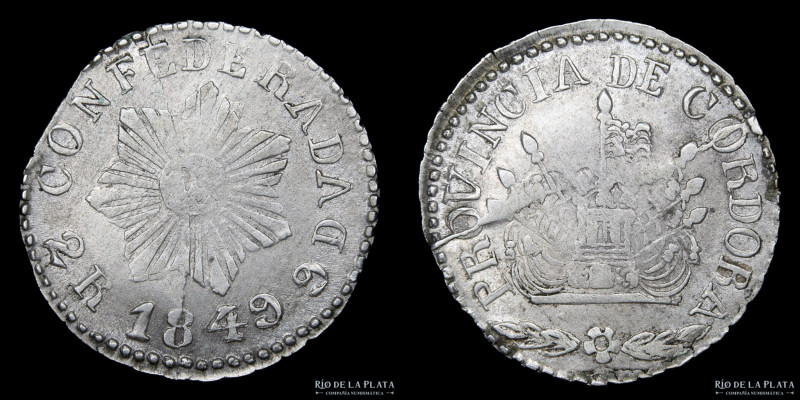 Argentina. Córdoba. 2 Reales 1849. Plata 750; 24mm; 5.65g. Sol de 7 puntas. CJ 5...
