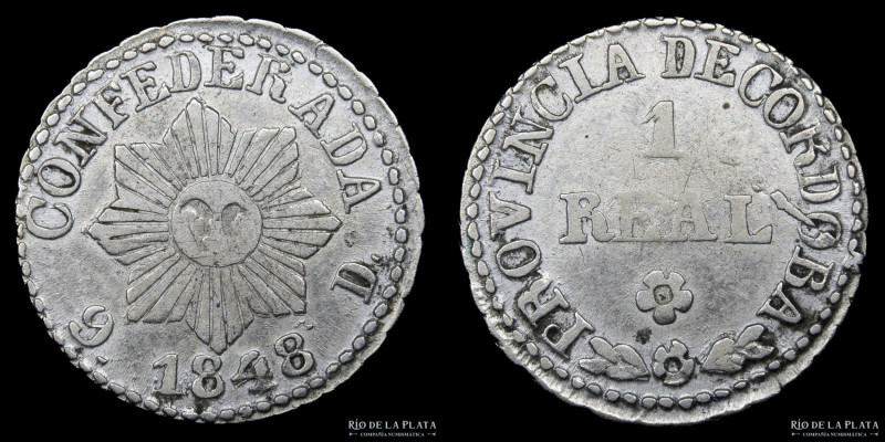 Argentina. Córdoba. 1 Real 1848. Plata 750; 20mm; 2.78g. Sol de 8 Puntas. CJ 56....