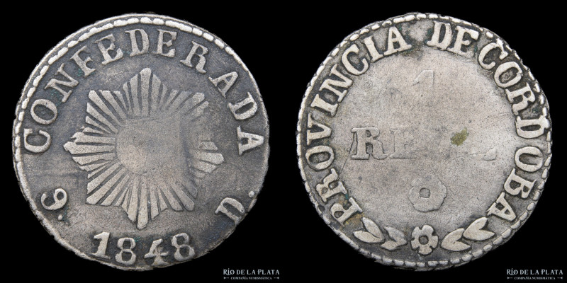 Argentina. Córdoba. 1 Real 1848. Plata 750; 20mm; 3.19g. Sol de 8 Puntas. CJ 56....