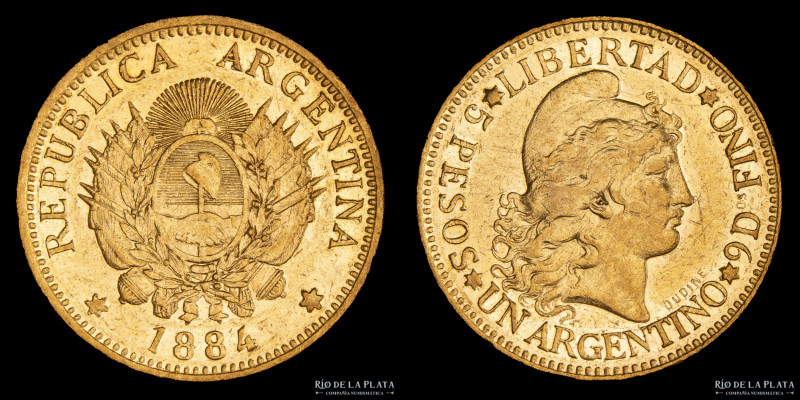 Argentina. 5 Pesos 1884 "Argentino de oro". Oro 900; 22.1mm; 8.07g. Ceca de Buen...